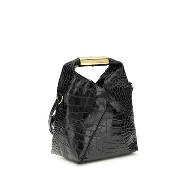 MM6 Black Calf Leather Bos Taurus Handbag - Black textured handbag with a gold handle on a white background