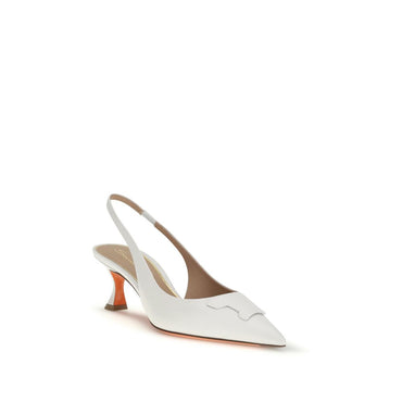 Santoni White Calf Leather Bos Taurus Mid Heel Pumps