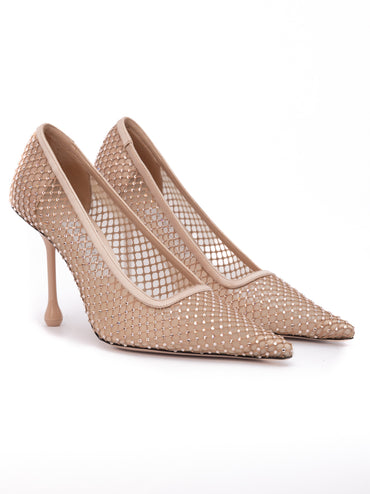 Jimmy Choo Powder Pink Mesh Satin Crystal Ixia 95 Pumps