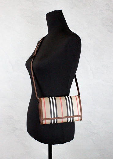 Burberry Hannah Icon Stripe Archive Tan E-Canvas Leather Wallet Crossbody Bag