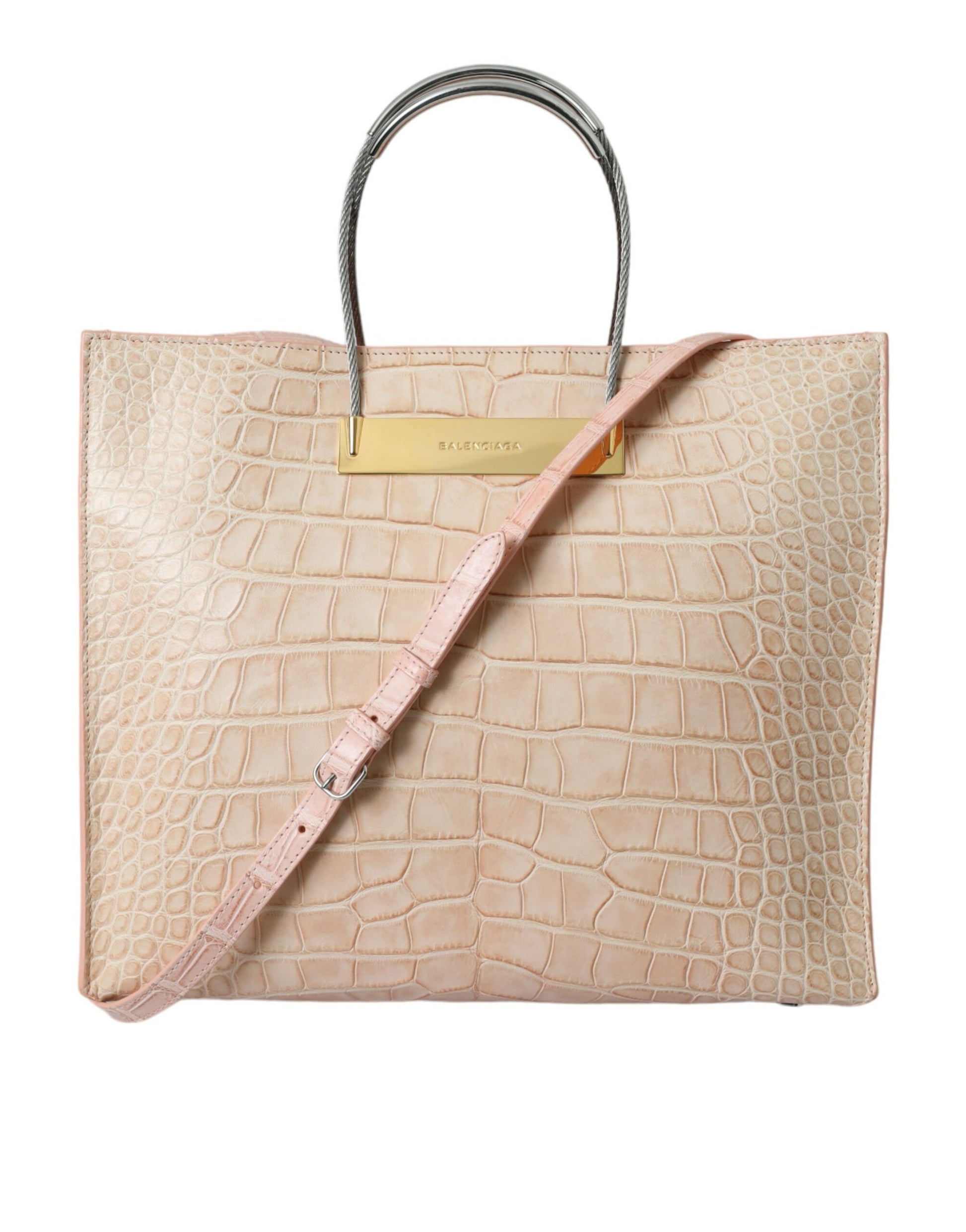 Balenciaga Alligator Leather Chic Pink Tote Bag - A pink Balenciaga tote bag made of alligator leather, with a black interior and gold hardware. The bag features a shoulder strap and two cable handles.