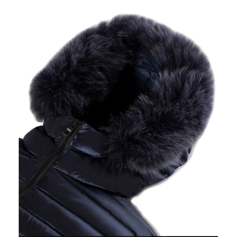 Refrigiwear Blue Nylon Women Jacket with Feather Padding and Fur Hood