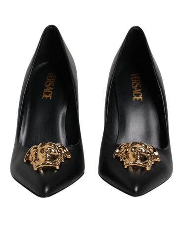 VERSACE Black Leather Medusa Logo High Heels Shoes