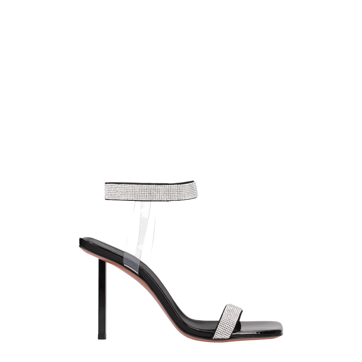 Amina Muaddi Black Crystals Sandal - Black high-heeled sandal with clear strap and rhinestone detail