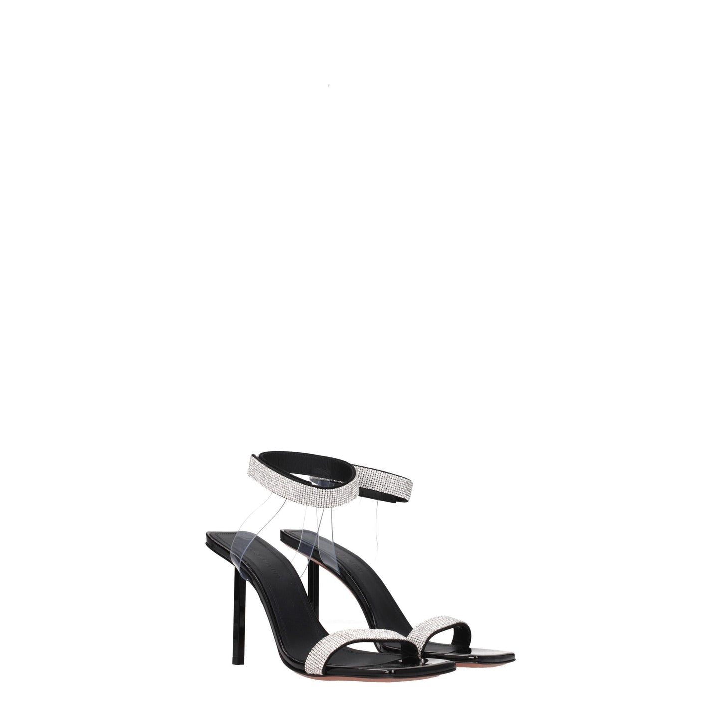 Amina Muaddi Black Crystals Sandal - Black high-heeled sandal with clear strap and rhinestone detail