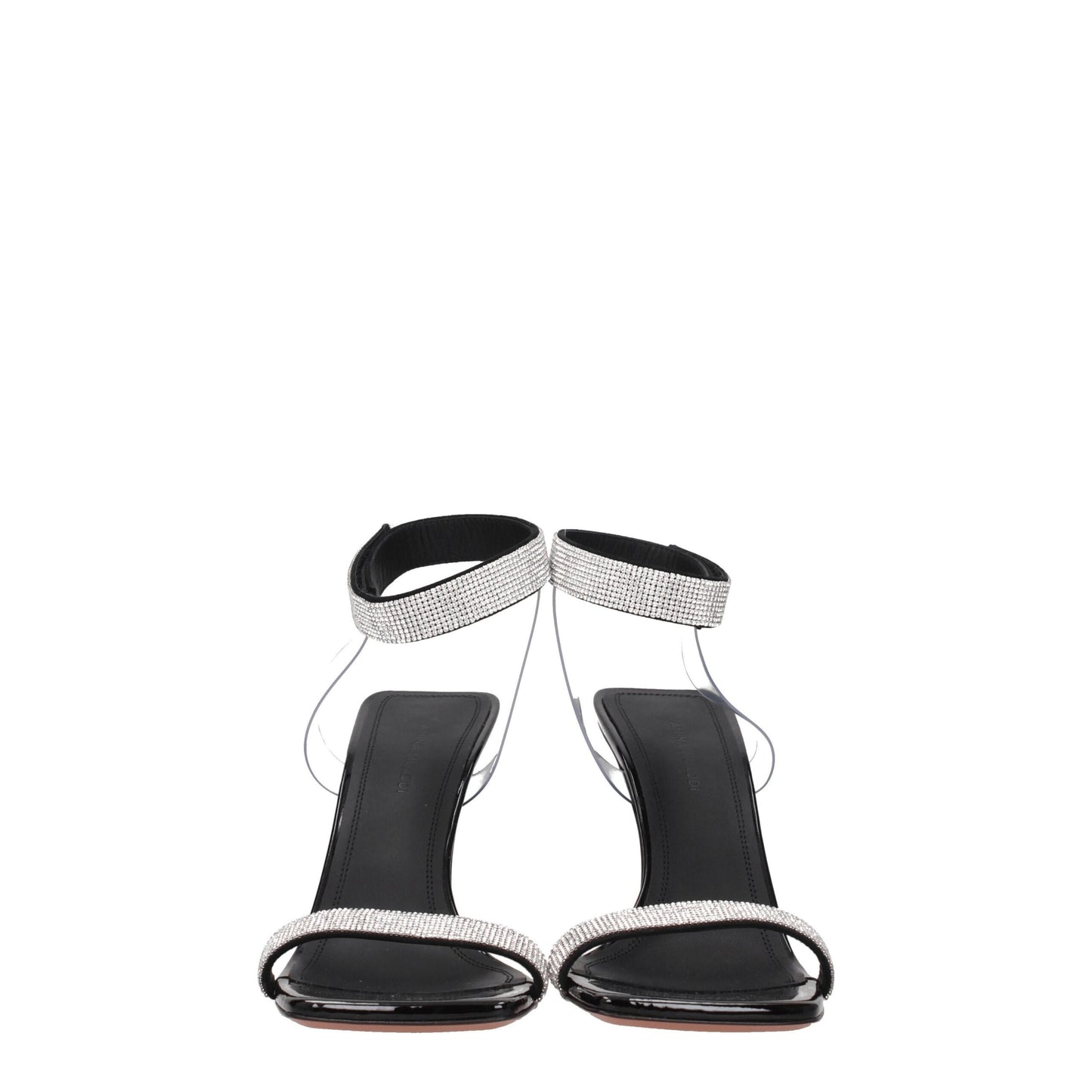 Black high-heeled sandals with rhinestone straps on a white background
