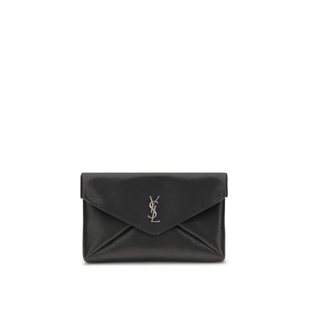 Saint Laurent Cassandre large envelope Clutch Bag - Black envelope clutch with a brand logo on a white background