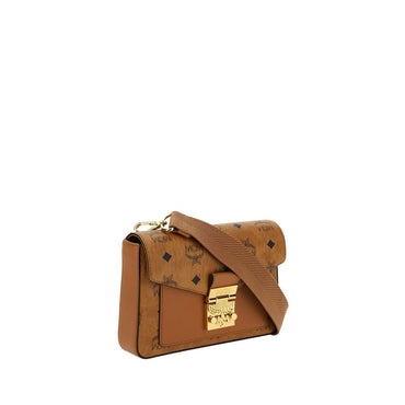 MCM Millie Shoulder Bag - Tan handbag with gold clasp on a white background