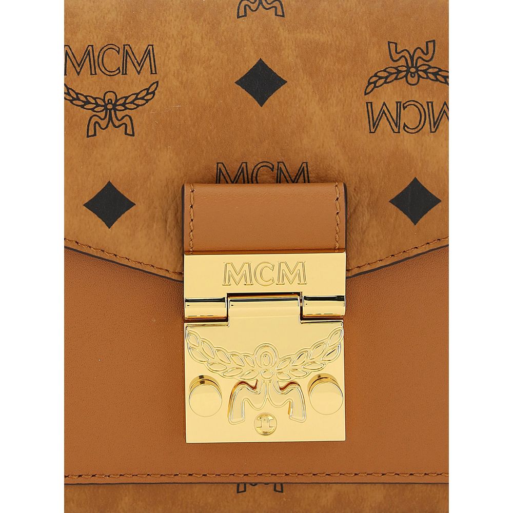MCM Millie Shoulder Bag - Tan handbag with gold clasp on a white background