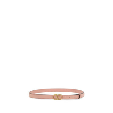 Valentino Garavani VLogo Belt - Pink belt with a gold heart-shaped buckle on a white background