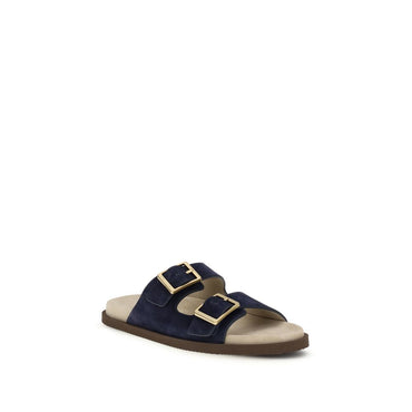 Brunello Cucinelli Black Calf Leather Bos Taurus Flat Sandals