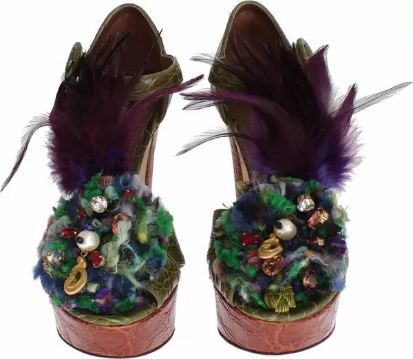 Dolce & Gabbana Green Leather Crystal Platform Sandal Shoes
