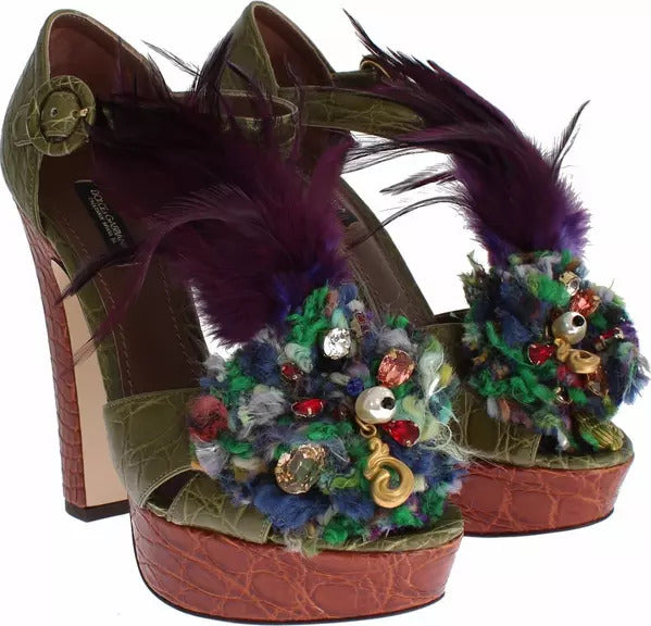 Dolce & Gabbana Green Leather Crystal Platform Sandal Shoes