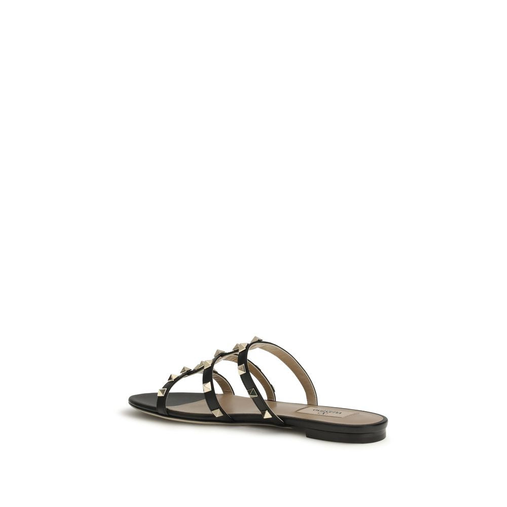 Valentino Garavani Black Calf Leather Bos Taurus Flat Sandals