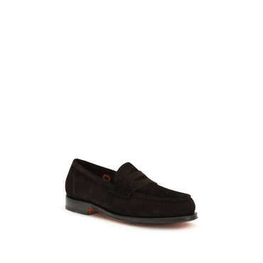 Santoni Brown Calf Leather Bos Taurus Slip-On Loafers