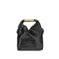 MM6 Black Calf Leather Bos Taurus Handbag - Black textured handbag with a gold handle on a white background