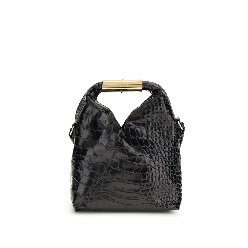 MM6 Black Calf Leather Bos Taurus Handbag - Black textured handbag with a gold handle on a white background