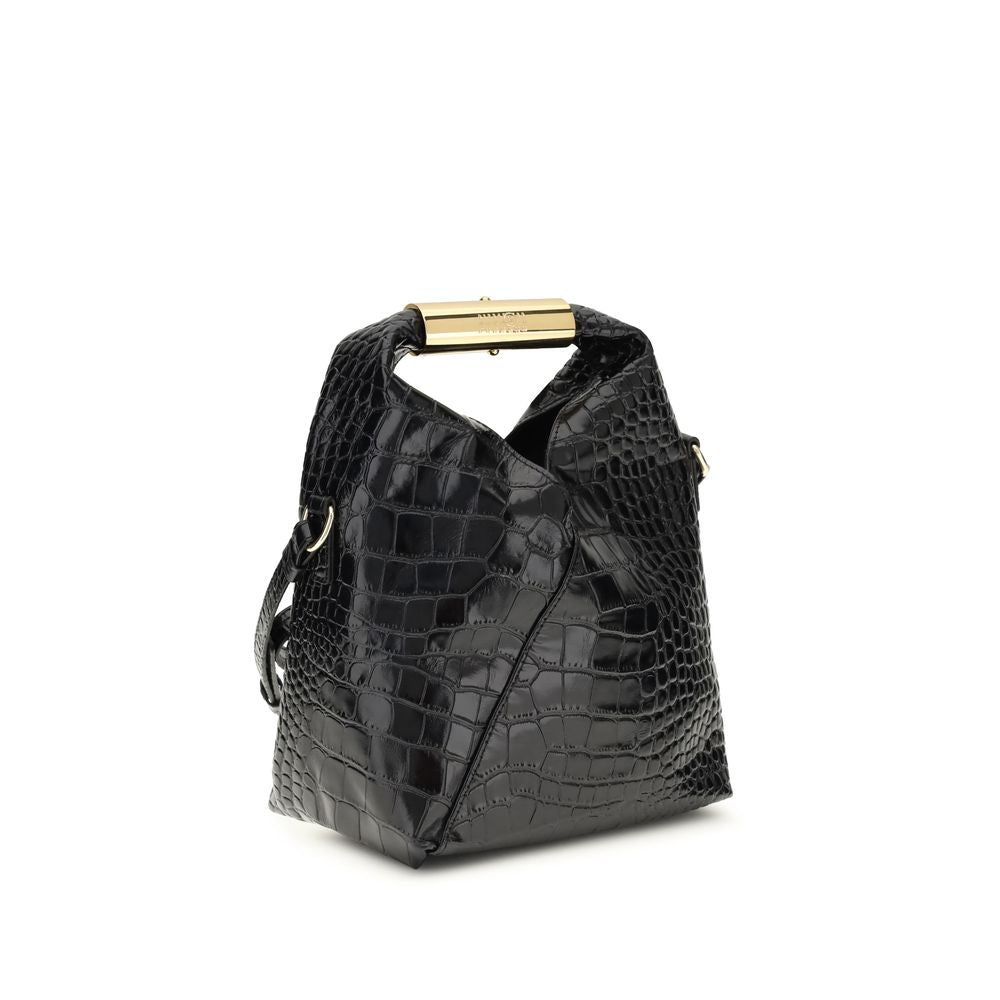 MM6 Black Calf Leather Bos Taurus Handbag - Black textured handbag with a gold handle on a white background