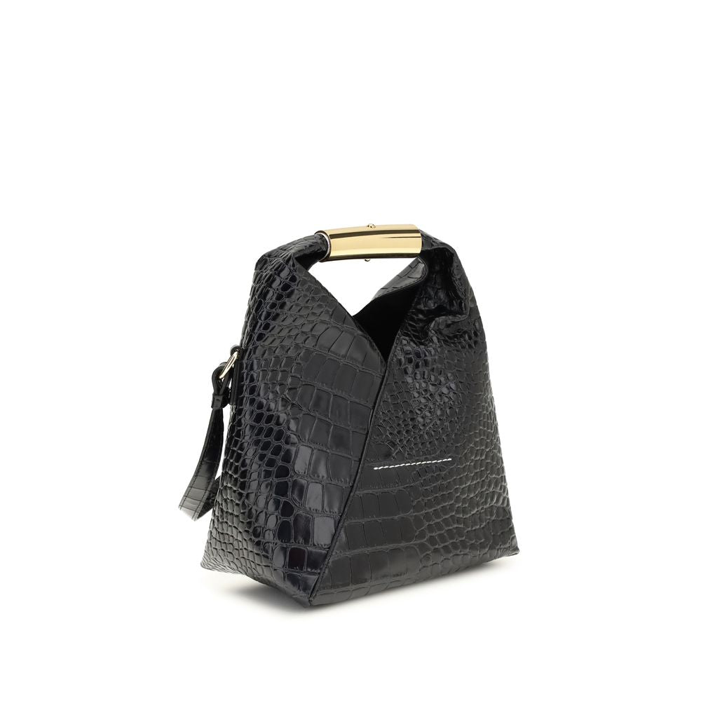 MM6 Black Calf Leather Bos Taurus Handbag - Black textured handbag with a gold handle on a white background