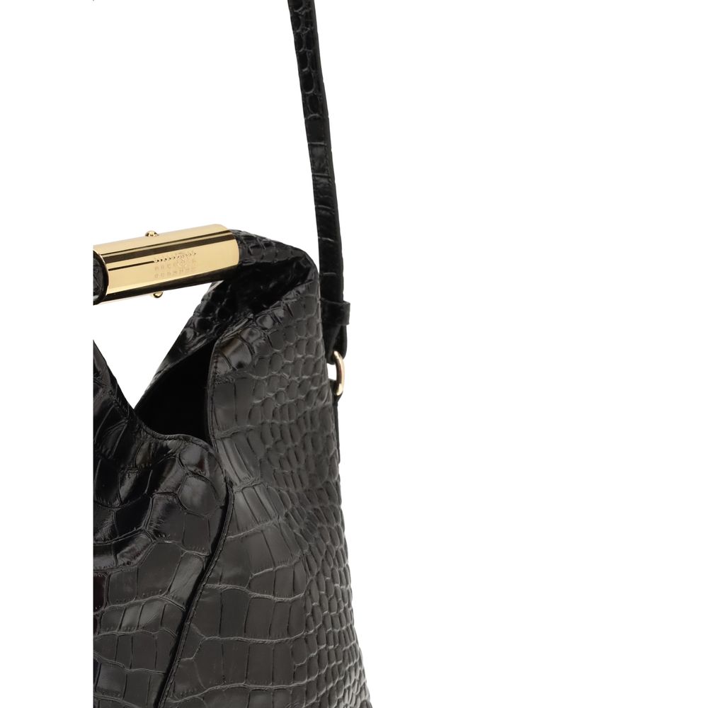 MM6 Black Calf Leather Bos Taurus Handbag - Black textured handbag with a gold handle on a white background