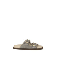Brunello Cucinelli Gray Calf Leather Bos Taurus Flat Sandals