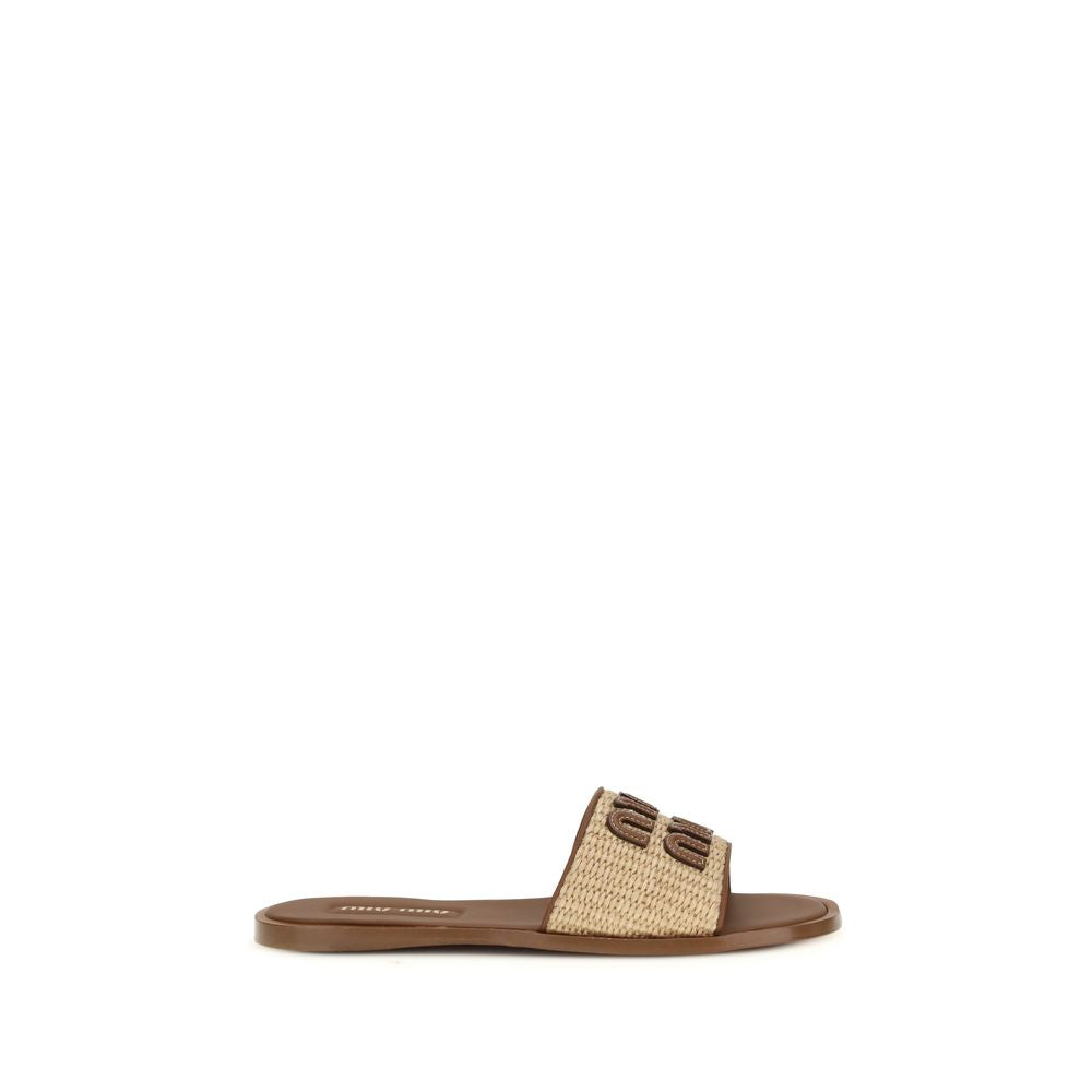 Miu Miu Beige Calf Leather Bos Taurus Flat Sandals