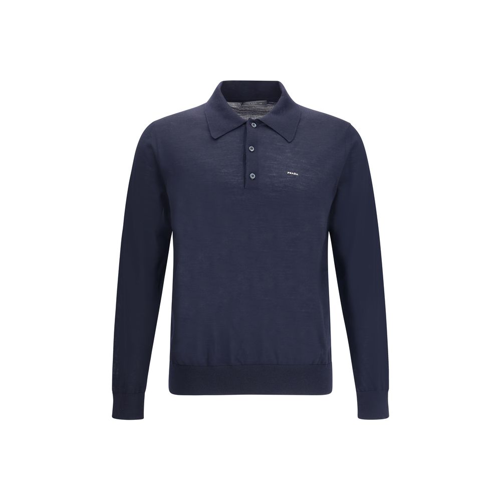Prada Blue Fleece Wool Sweatshirt - Navy long-sleeve polo shirt on a white background
