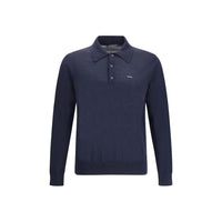 Prada Blue Fleece Wool Sweatshirt - Navy long-sleeve polo shirt on a white background