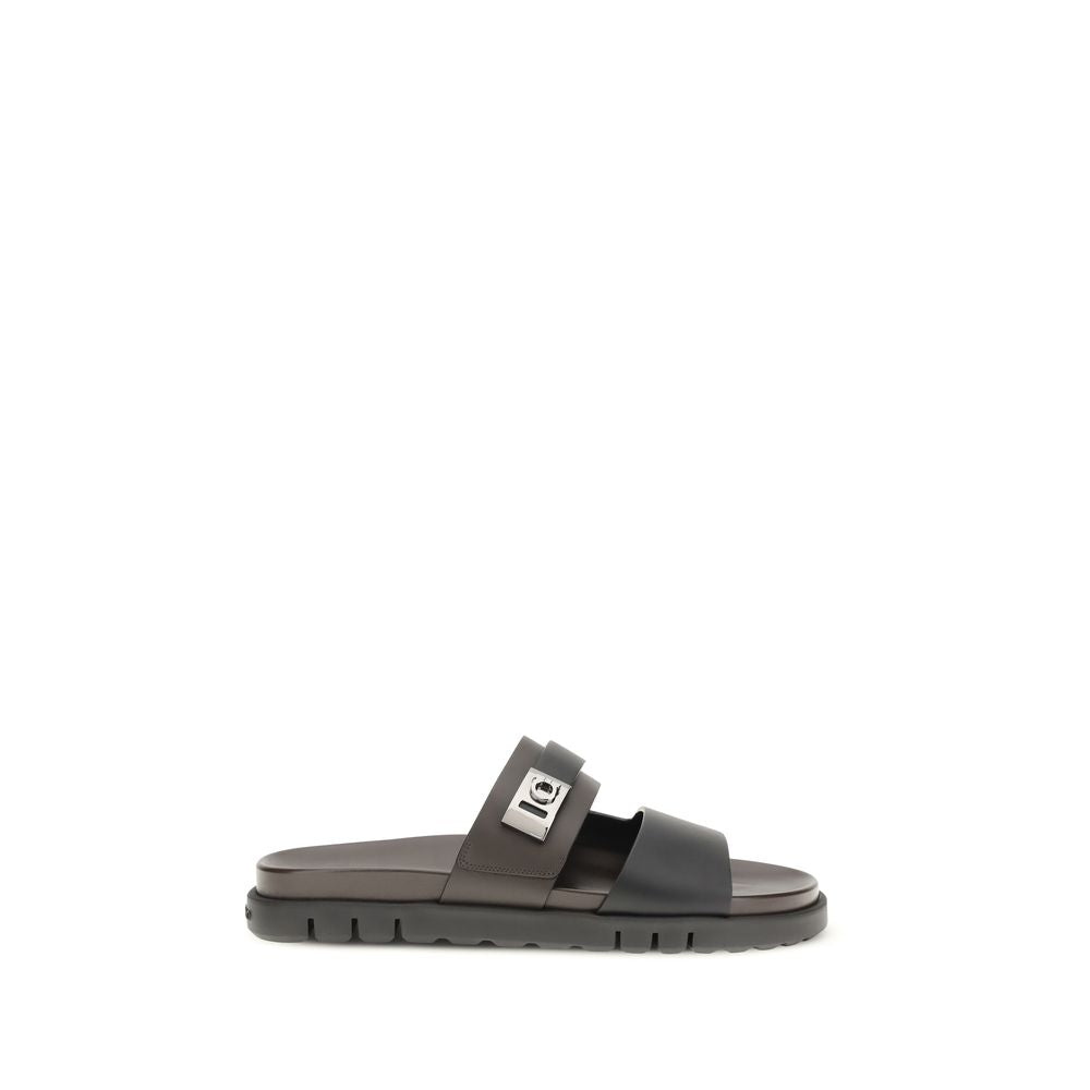 Ferragamo Black Calf Leather Bos Taurus Strap-On Sandals