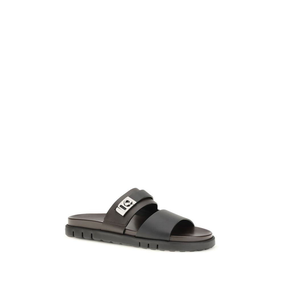Ferragamo Black Calf Leather Bos Taurus Strap-On Sandals
