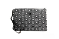MCM Veritas Medium Dark Grey Denim Monogram Logo Canvas Clutch Pouch Handbag
