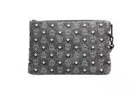 MCM Veritas Medium Dark Grey Denim Monogram Logo Canvas Clutch Pouch Handbag
