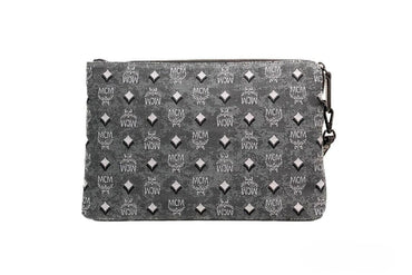 MCM Veritas Medium Dark Grey Denim Monogram Logo Canvas Clutch Pouch Handbag