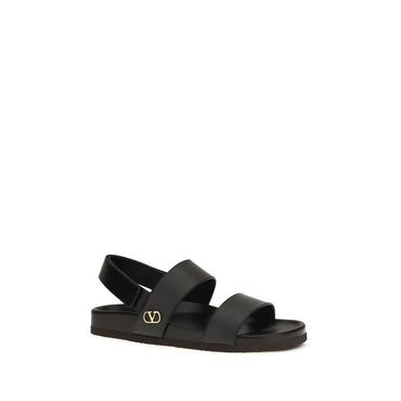 Valentino Garavani Black Calf Leather Bos Taurus Flat Sandals