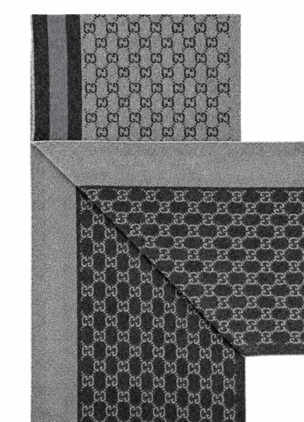 Gucci Monogram Grey Wool Scarf with Fringe