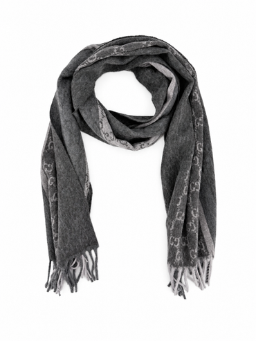 Gucci Monogram Charcoal Grey Cashmere & Wool Scarf with Fringe
