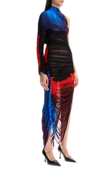 Mugler asymmetrical pleated floral dress in blue and red slim fit long sleeve