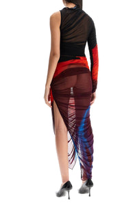 Mugler asymmetrical pleated floral dress in blue and red slim fit long sleeve