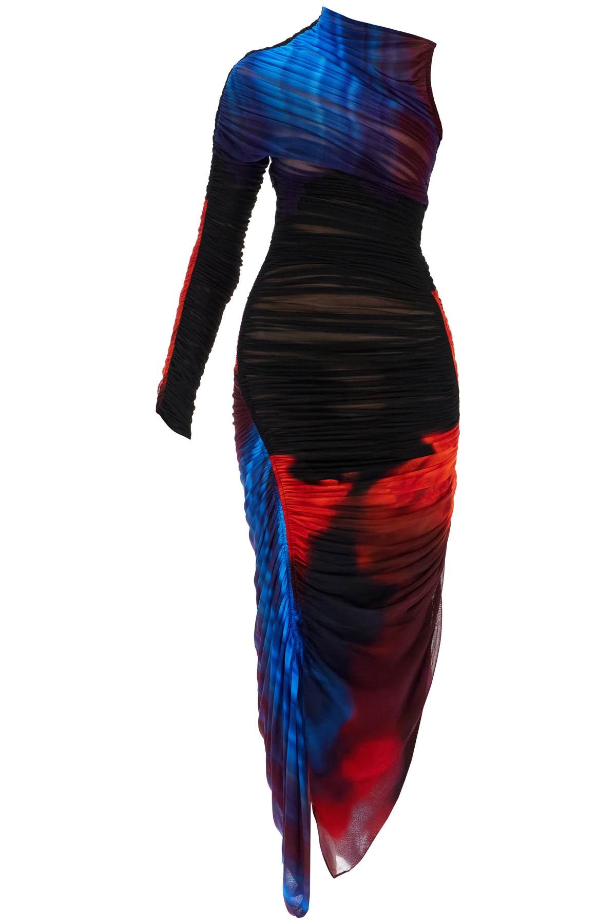 Mugler asymmetrical pleated floral dress in blue and red slim fit long sleeve