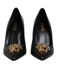VERSACE Black Leather Medusa Logo High Heels Shoes