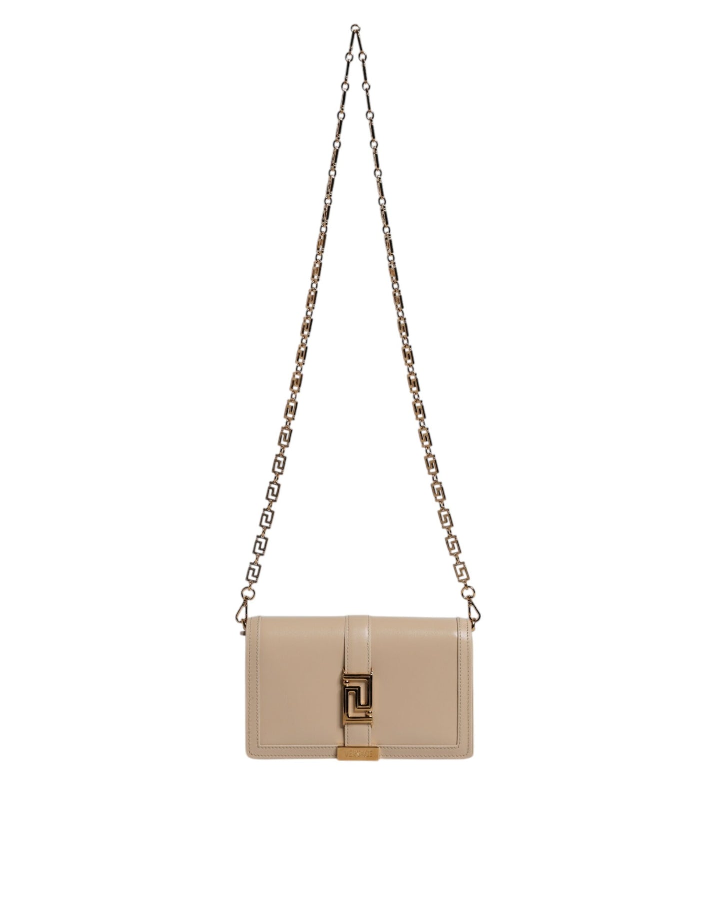 Versace Beige Gold Chain Calf Leather Wallet Crossbody Bag