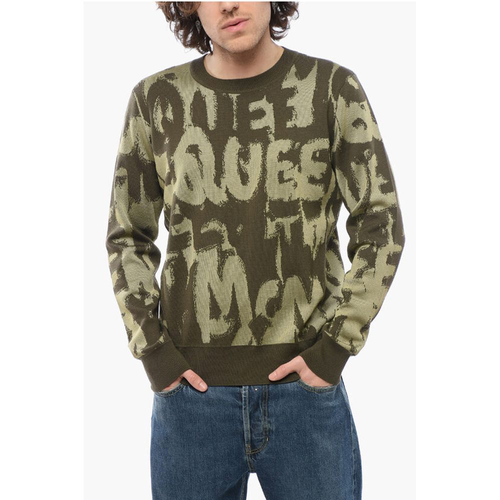Alexander McQueen Crew Neck Wool Blend Sweater with All-Over Jacquard Logo
