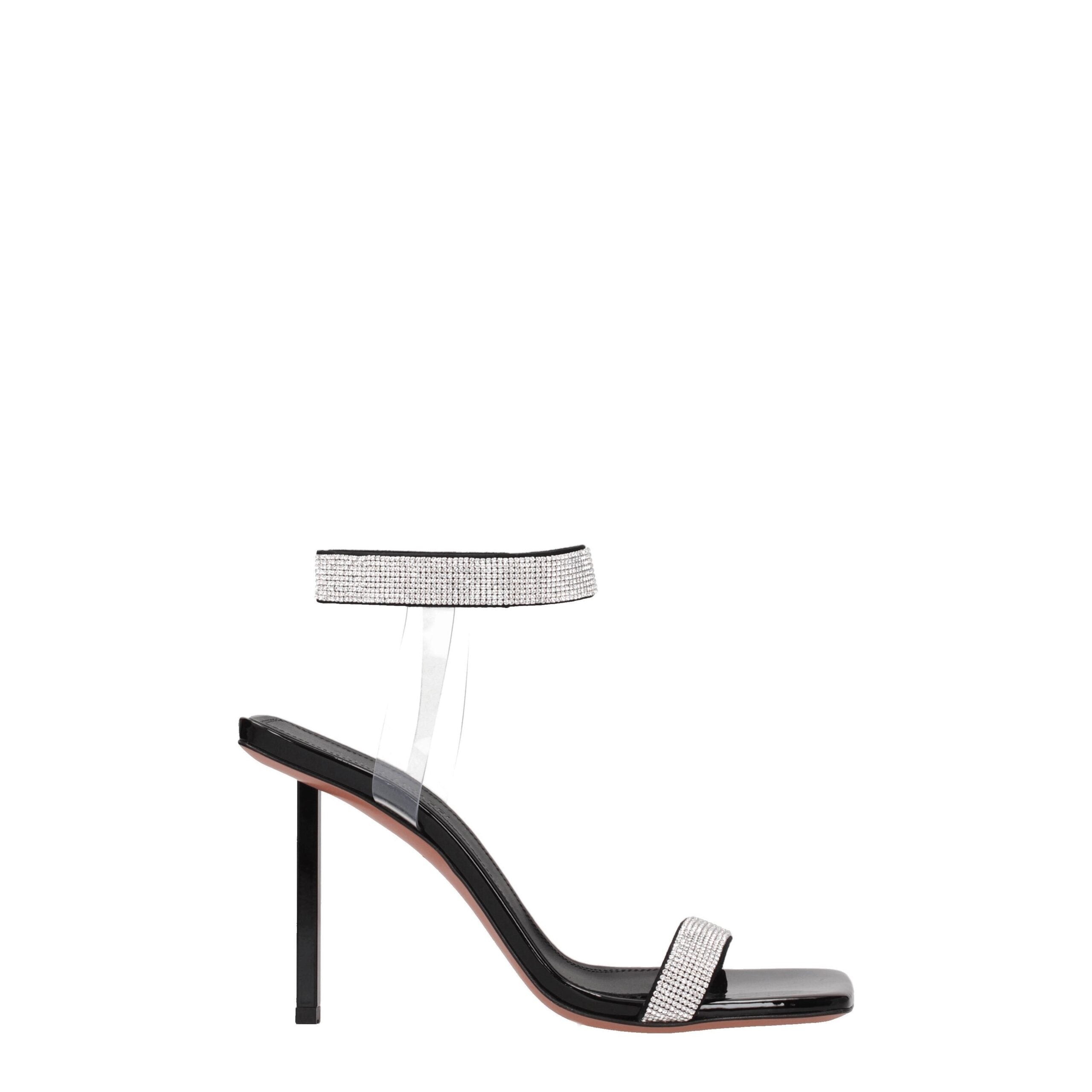 Amina Muaddi Black Crystals Sandal - Black high-heeled sandal with clear strap and rhinestone detail 