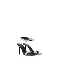 Amina Muaddi Black Crystals Sandal - Black high-heeled sandal with clear strap and rhinestone detail 