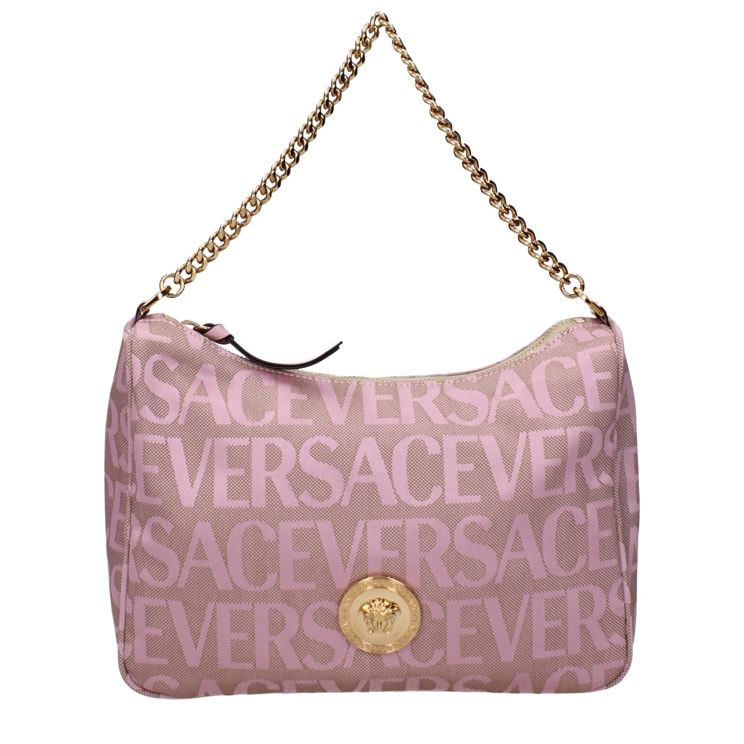 Versace Pink Fabric Handbag - Pink Versace handbag with gold chain strap on a white background