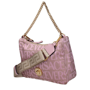 Versace Pink Fabric Handbag - Pink Versace handbag with gold chain strap on a white background