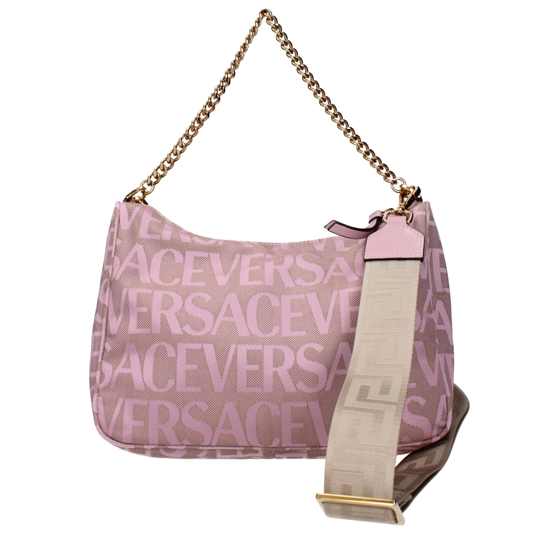 Versace Pink Fabric Handbag - Pink Versace handbag with gold chain strap on a white background
