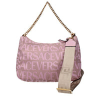 Versace Pink Fabric Handbag - Pink Versace handbag with gold chain strap on a white background