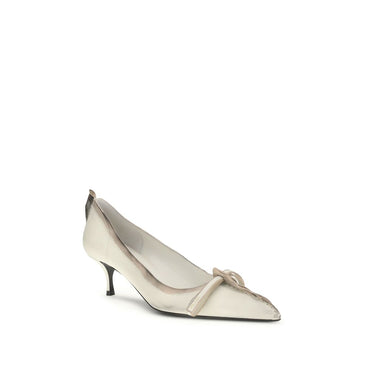 Prada Antique leather Pumps - White high-heeled shoe with a bow on a white background