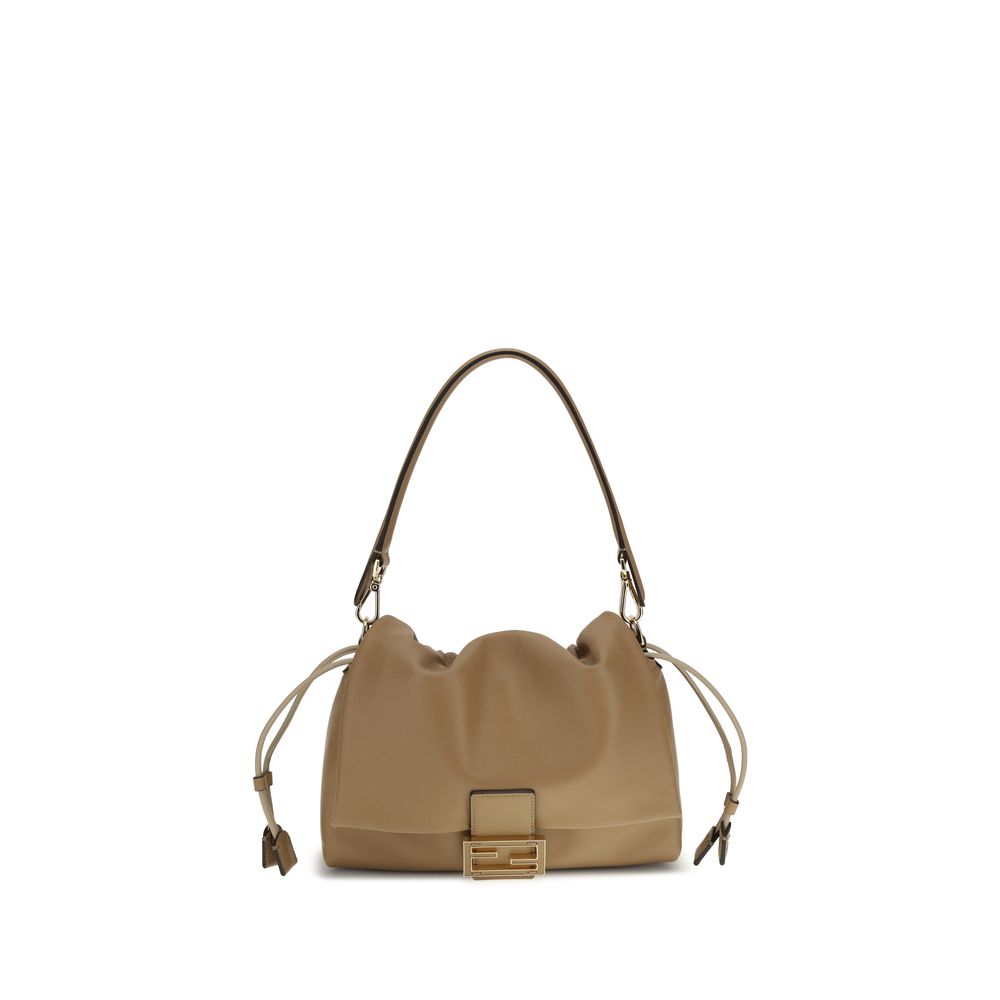 Fendi Mamma Baguette Shoulder Bag - Beige handbag with drawstring on a white background